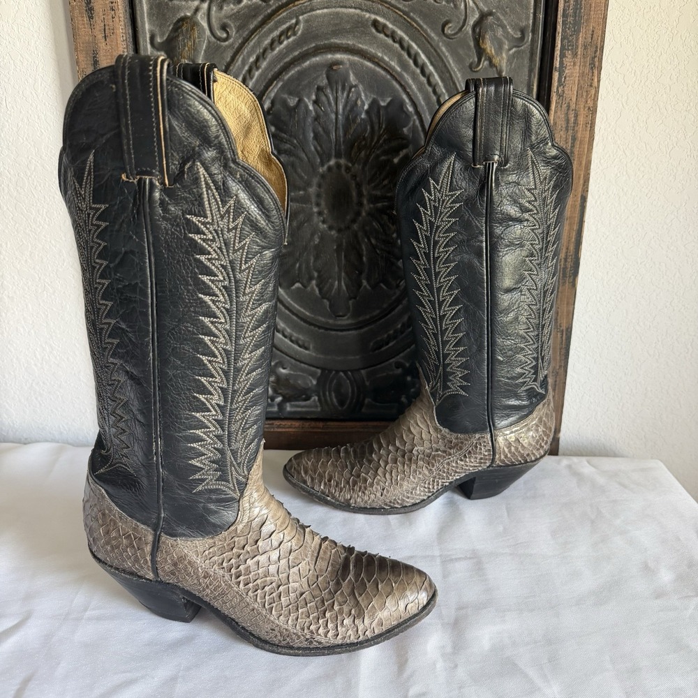 Vintage Tony Lama Python Snakeskin Leather Cowboy Boots Riding Heal Womens 5.5 B